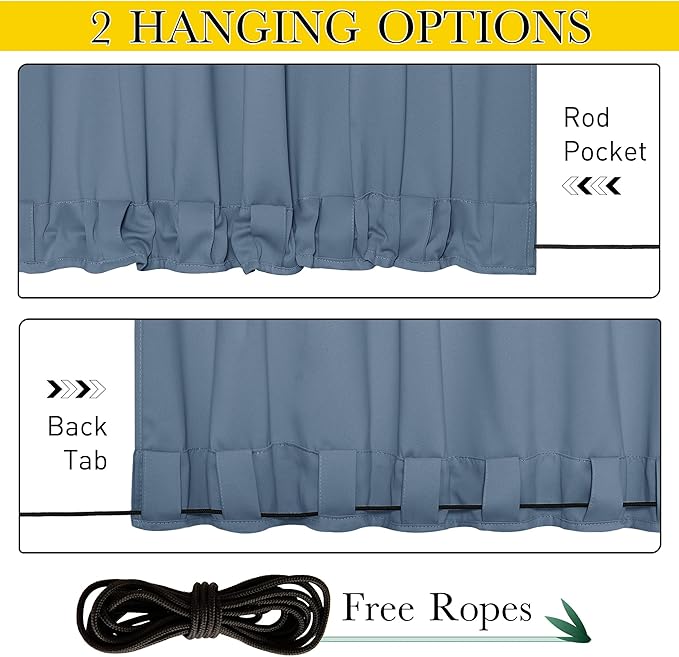 NICETOWN 2 Panels Outdoor Curtains for Patio Extra Wide 84", Waterproof & Windproof Grommet & Back Tab Fixed Top and Bottom Sun Blocking Privacy Drapes with Rope for Gazebo, Stone Blue, W84 x L108