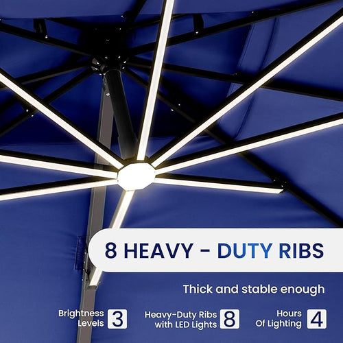 10 X 13 FT Cantilever Patio Umbrella with Led Lights and Base Included Outdoor Heavy Duty Double Top Rectangle Offset Umbrellas with 360-degree Rotation for Pool Deck Backyard, Navy