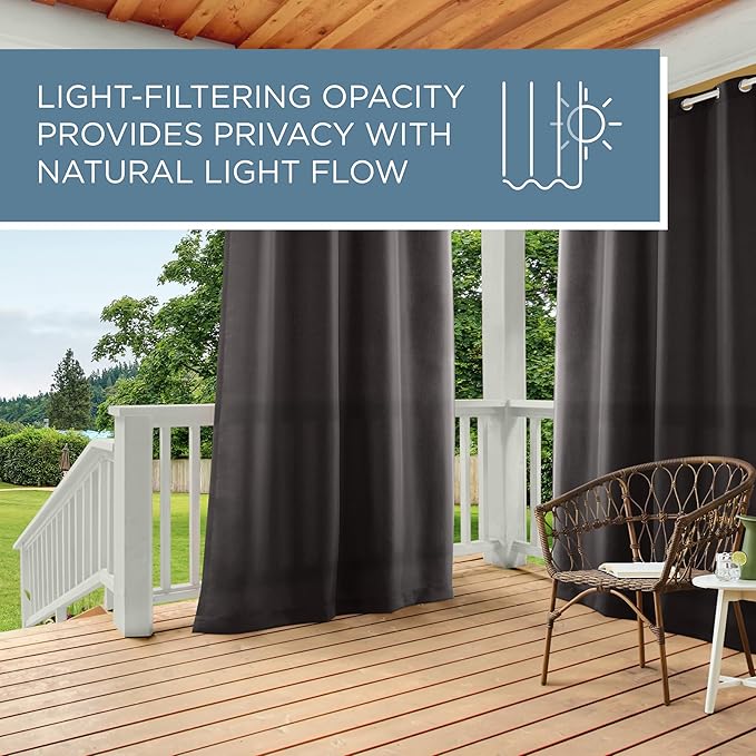 Town & Country Basics Cabana Solid Heavyweight Indoor Outdoor Curtains, Light Filtering Opacity with Grommet Top, Water Repellent, 2-Pack Set, 54"x108", Black