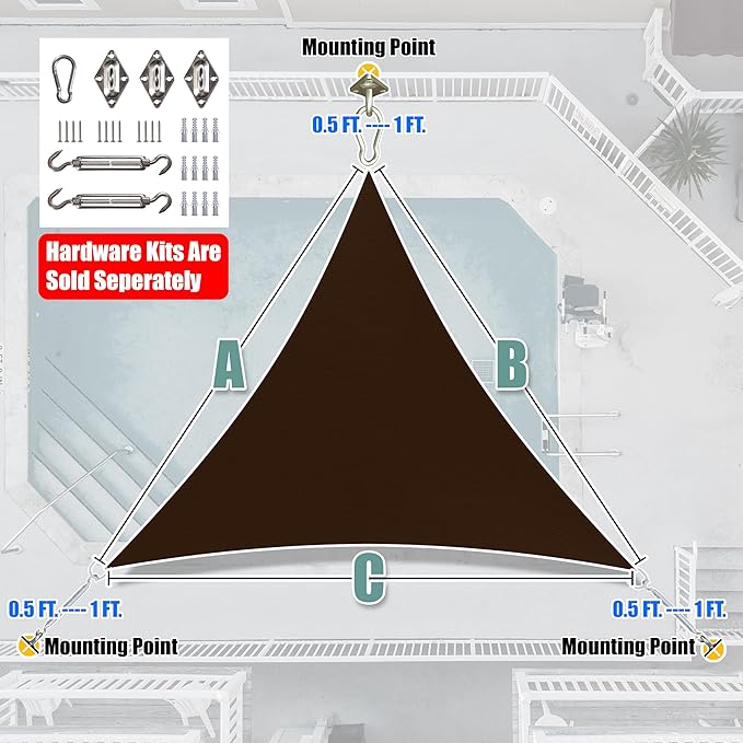 Amgo Custom Size 11' x 11' x 11' Brown Triangle Sun Shade Sail UPF50+ AGTAPRT12, Order to Make Canopy Awning, 95% UV Blockage, Water & Air Permeable, Commercial Standard (We Customize)