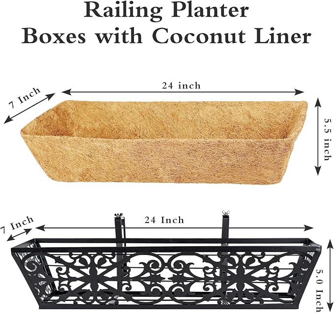 2 Pack 24 Inch Window Boxes Planters Railing Planter Box with Adjustable Brackets & Coco Liners Fabric Plant Grow Bags Deck Railing Planter Boxes Balcony Hanging Flower Box for Outdoor Plants