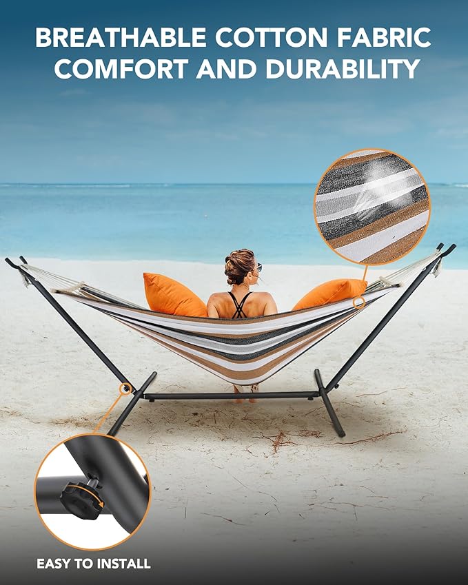 Double Hammock with Space-Saving Steel Stand, 2 Person Heavy-Duty Hammock for Garden, Yard or Outdoor, 600lbs Capacity, Coffee
