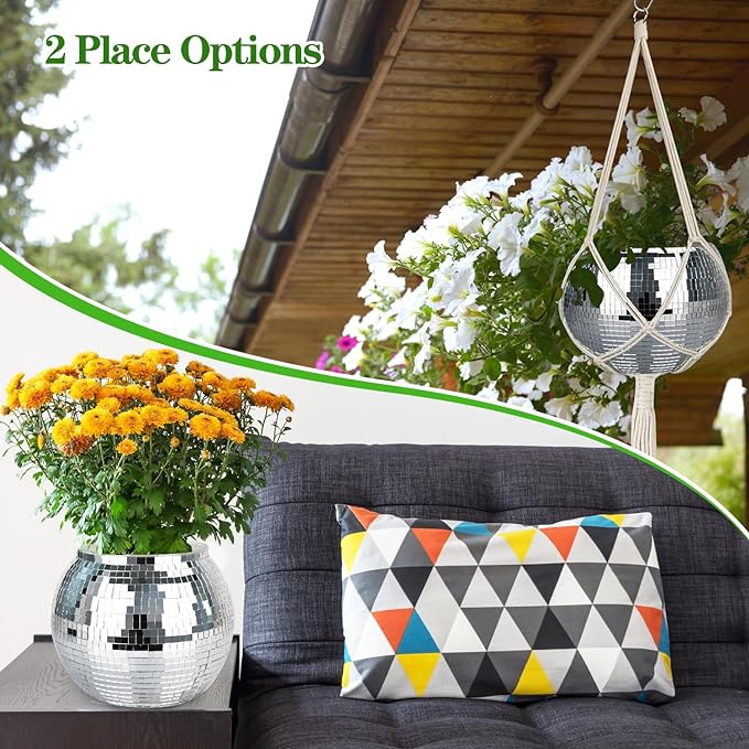Disco Ball Planter, 1pcs 10” Silver Disco Ball Planter, Disco Ball Plant Hanger with Hanging Rope, Hanging Chain, Hook, Circle and Extra Mirror Pieces