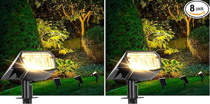 Solar spotlights Outdoor 63 LED 3 Lighting Modes, IP65 Waterproof Lighten Yard Garden House Garage Pathway for Christmas Decorations-8 Pack