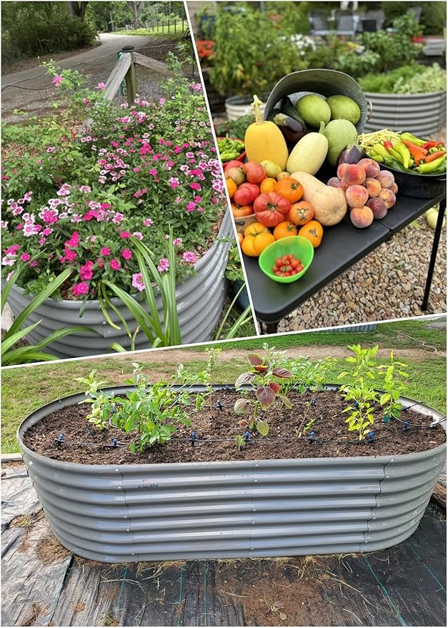 A ANLEOLIFE 8-Set 8X4X2 ft Galvanized Raised Garden Bed Kit, Oval Metal Deep Root Planters for Outdoor Plants, Quartz Grey