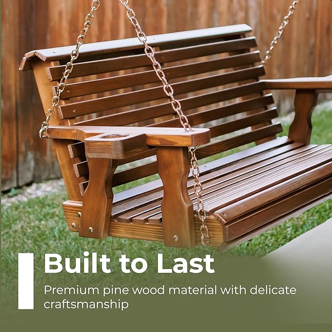 Amish Casual 4 Foot Roll Back Porch Swing with Cup Holders in Semi-Solid Grey Stain - Amish Made in The USA from Treated Pine Heavy Duty 700 Lb. Weight Capacity