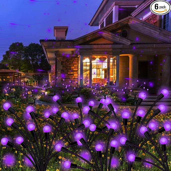 Kohlrabi Solar Garden Lights Outdoor, 6 Pack 60 LED Solar Purple Firefly Lights Waterproof, Sway by Wind, Halloween Swaying Light for Yard Patio Backyard Garden Planter Flower Bed Pathway Decoration