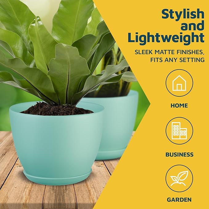 Lifemaster Planter Pots with Drainage Holes - Lightweight, Durable, and Space-Saving Pots for Indoor and Outdoor - Versatile Functionality, Simple Modern Design, Set of 5 Plastic Planter Pots - Aqua
