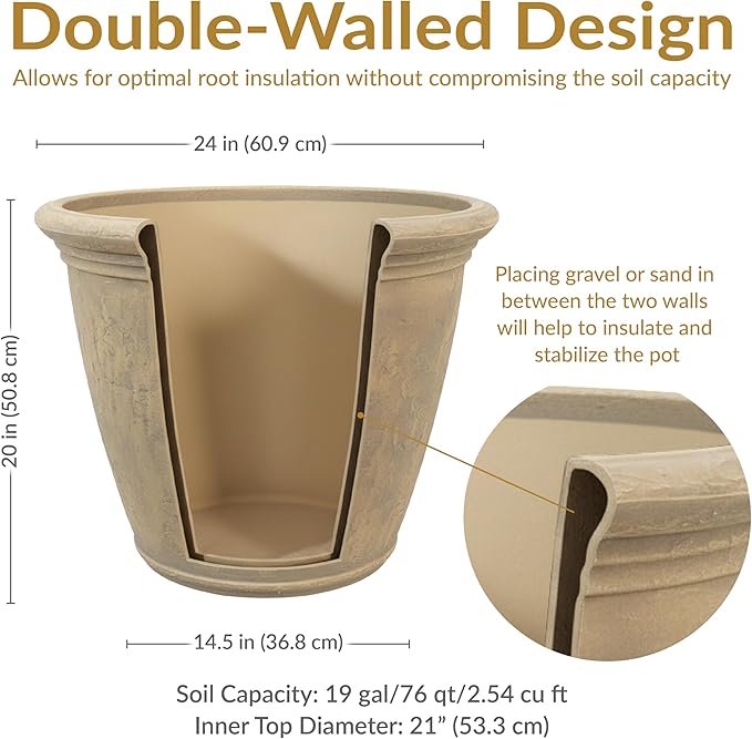 Sunnydaze 24-Inch Anjelica Large Plastic Pot for Plants - Outdoor Double-Walled Large Plastic Planter with Drillable Drainage Holes - Beige