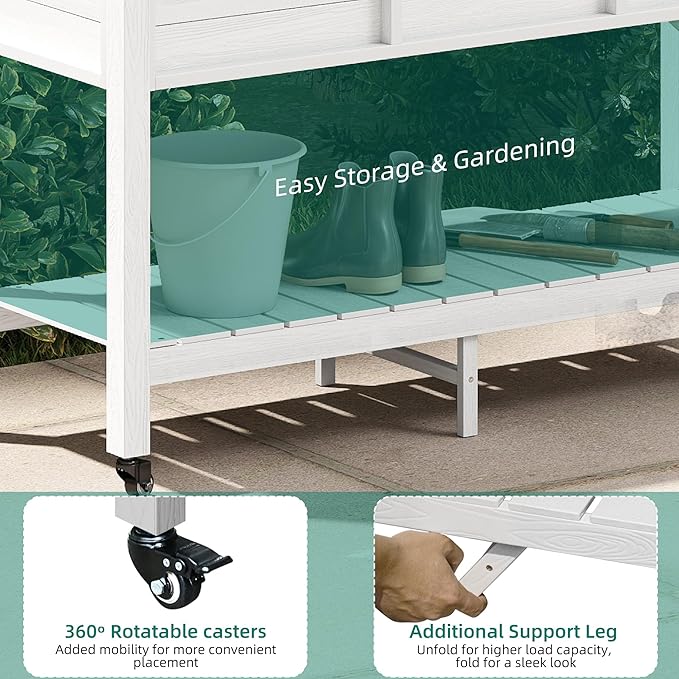 YITAHOME Raised Garden Bed HDPE, 47x18x31In Raised Flower Bed Poly-Wood Weather-Resistant Elevated Planter Box with Lockable Wheels & Storage Shelf for Vegetable Flower, White
