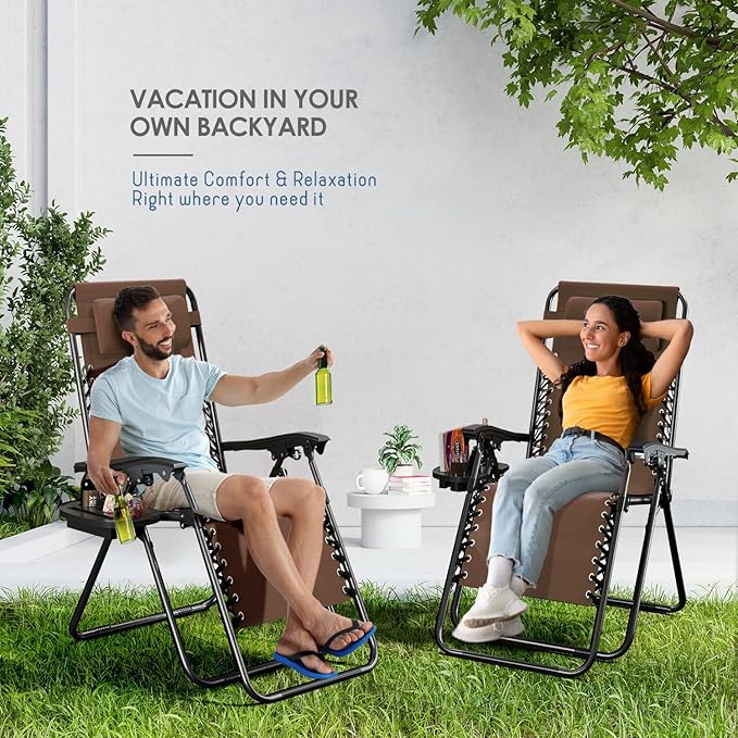 Nestl Zero Gravity Chairs Set of 2, Patio Lounge Chair Outdoor with Pillows & Cup Holder Trays, Adjustable Steel Mesh Reclining Camping Chair, Folding Patio Lawn Chair for Deck, Beach, Yard - Brown