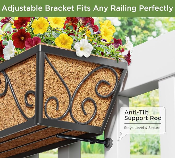 4pcs 30 Inch Window Deck with Coco Liner, 30" Window Boxes Horse Trough with Coconut Coir Liner, Metal Hanging Flower Planter Window Basket Deck Railing Planter Boxes for Outdoor Indoor Lawn