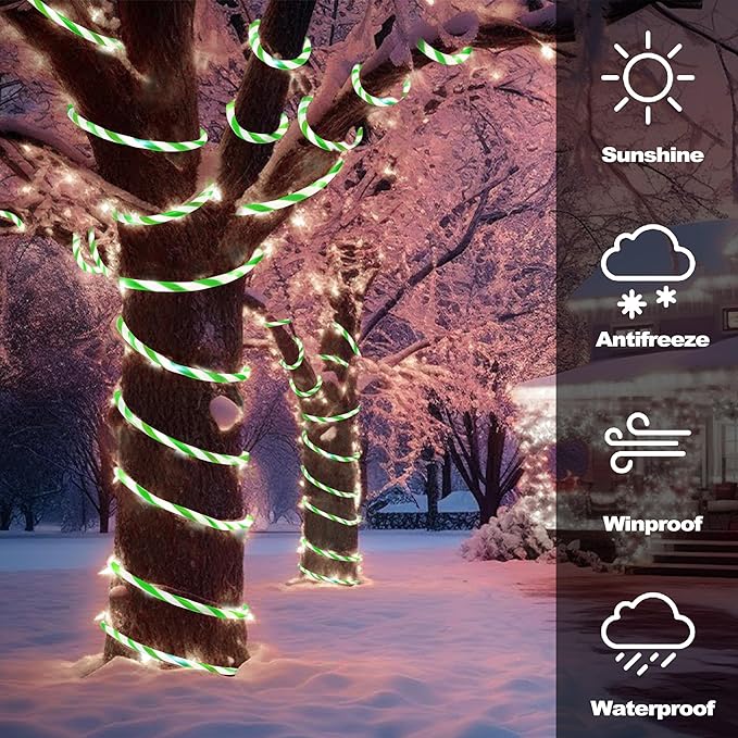 Jnaurb Christmas Candy Cane Lights, 33ft 240 LED Connectable Flexible White & Green Candy Cane Rope Lights for Outside, 8 Modes Waterproof LED Christmas Light for Garden Patio Tree Holiday Party Decor