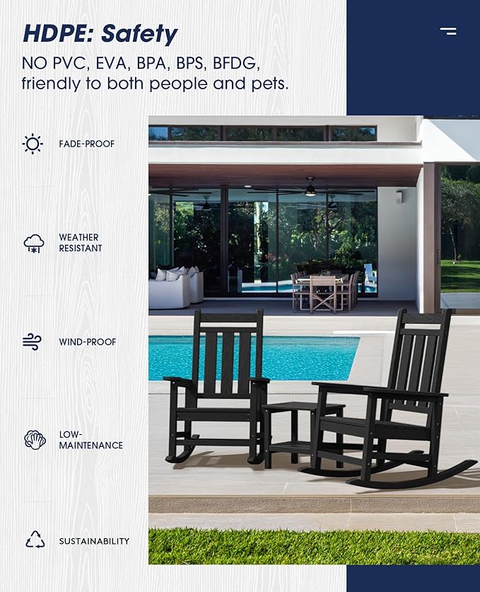 KINGYES Oversized Outdoor Rocking Chair Set of 6, All-Weather Patio Rocking Chairs for Porch, HDPE Outdoor Patio Rockers with High Back & Wide Seat for Garden, Lawn, Black