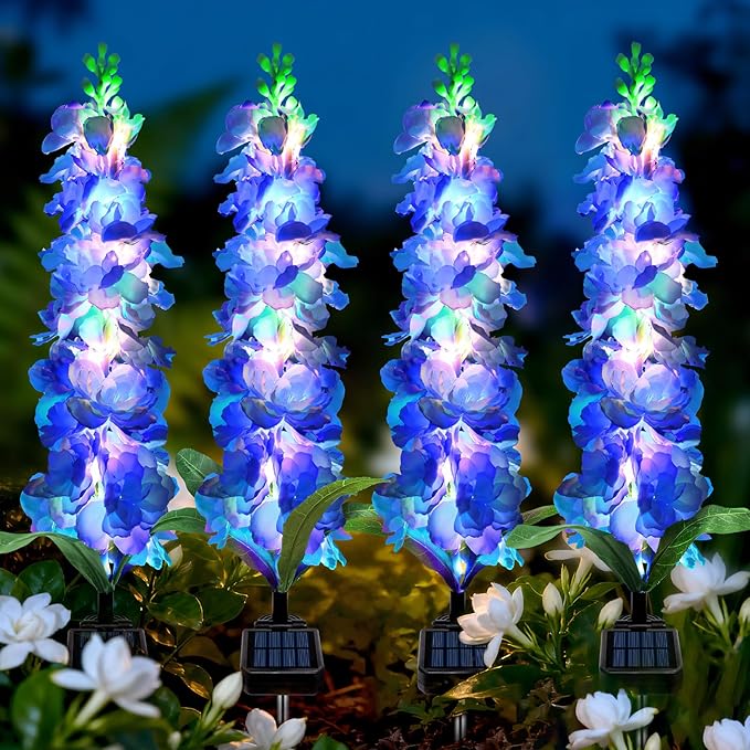 Solar Garden Lights, Solar Blue Delphinium Flowers Lights 8 Pack 160 LEDs, Waterproof Outdoor Light Two Lighting Modes for Outside Wedding Party Garden Yard Patio Lawn Decor