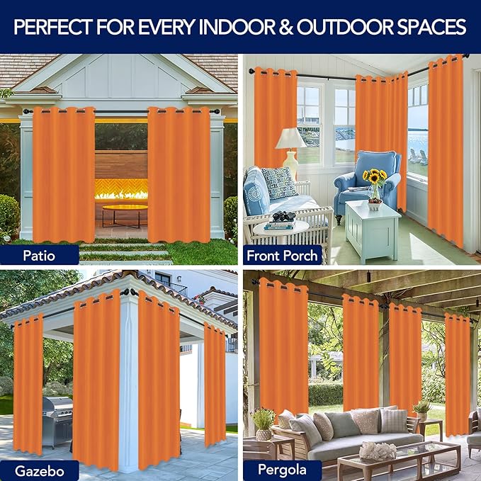 PureFit Outdoor Curtains for Patio Waterproof Weatherproof, UV Resistant Outside Curtains for Gazebo, Front Porch, Pergola, Sun Blocking Privacy Curtain, 52W x 120L inch, 1 Panel, Orange