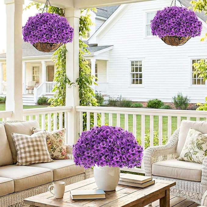 60 Pack Artificial Flowers for Outdoor Indoor Fake Plants, Faux Silk Flowers for Outdoors Outside Front Porch Hanging Planter Window Box Garden Spring Decoration(Purple)