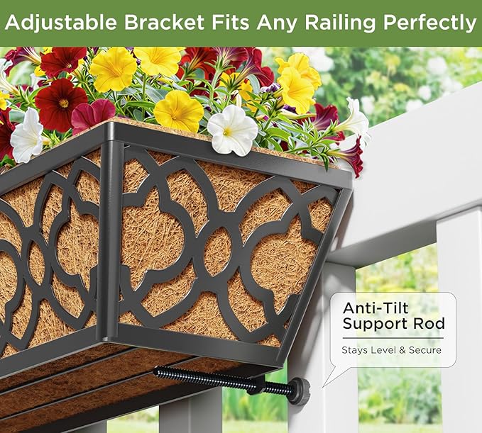 Y&M 24in Window Planter Box 4Pcs Iron Railing Planter with Coco Liner for Outdoor Balcony Rail, Fence, Porch, Patio