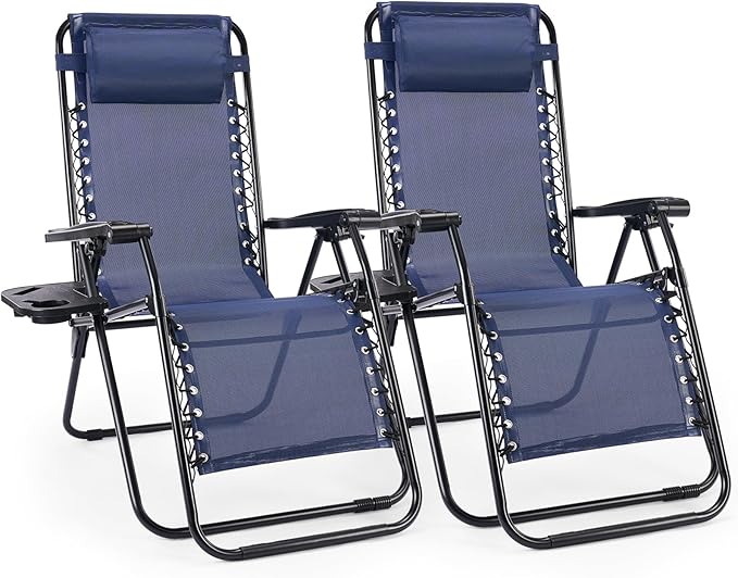 Sweetcrispy Zero Gravity Chairs, Set of 2 Portable Recliner Beach Camping Patio Outdoor Folding Lounge Chair with Cup Holder Trays and Adjustable Pillow for Poolside, Garden, Backyard, Lawn (Blue)