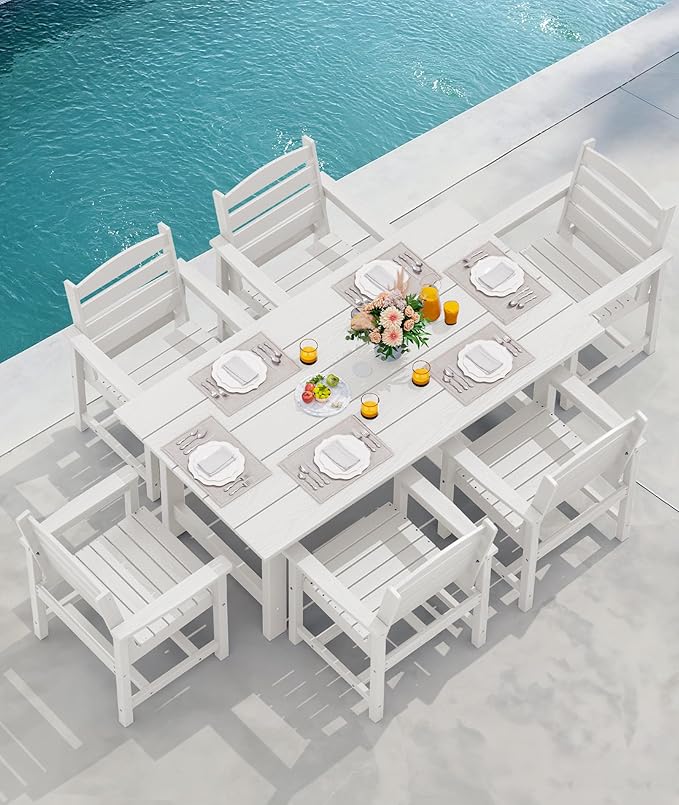 SERWALL Outdoor Dining Set for 6, HDPE Dining Furniture Set with Umbrella Hole Cut-Out Table and 1 Dining Bench and 4 Chairs, All Weather Outdoor Dining Bench Sets, White