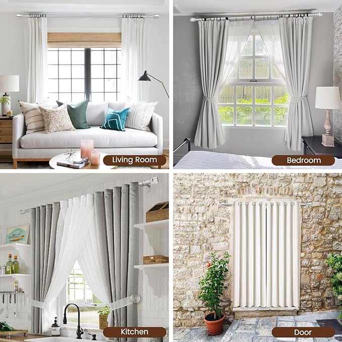 1” Diameter Silver Curtain Rod Itself is 30-60 inch 2 Pack, Fit 30 to 56 Windows with Heavy Duty Adjustable Telescopic Rod，Splicing Metal Extra Long Curtain Rod for Windows Sliding Glass Door