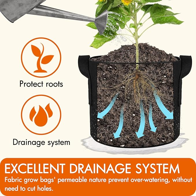 Gardzen 10-Pack 5 Gallon Grow Bags, 300G Thickened Aeration Fabric Pots with Handles, Heavy Duty Cloth Pots for Plants