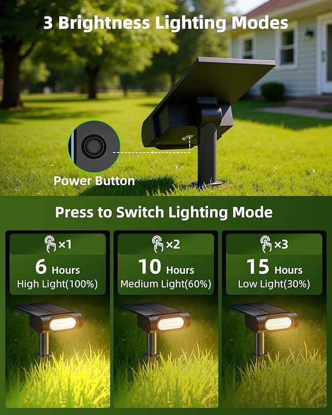 EZVALO Solar Spot Lights Outdoor IP67 Waterproof, Adjustable Solar Landscape Lights, 3 Lighting Modes Solar Spotlights for Outside Yard Garden Plant Trees Pathway Flag (Warm White-2Pack)