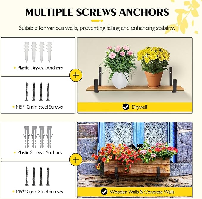 LukLoy Window Planter Box Brackets, 2 Pack Adjustable Heavy Duty Wall Mount Window Flower Boxes Outdoor with Bracket (6 to 12 in), with 70lbs Capacity, Black
