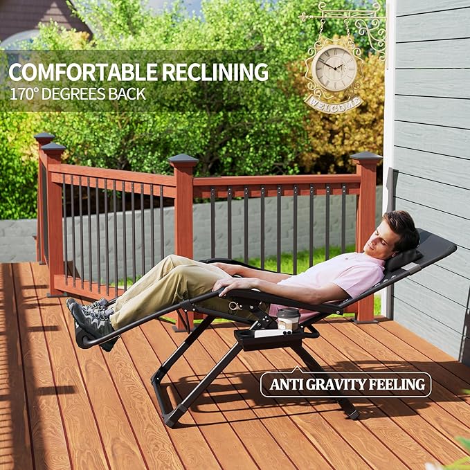 UDPATIO Oversized Zero Gravity Chair Set of 2, 29In XL Patio Reclining Chair with Cushion, Outdoor Folding Recliner with Pillows|Cup Holder|Foot Rest|Padded Headrest, Black, Support 500LB