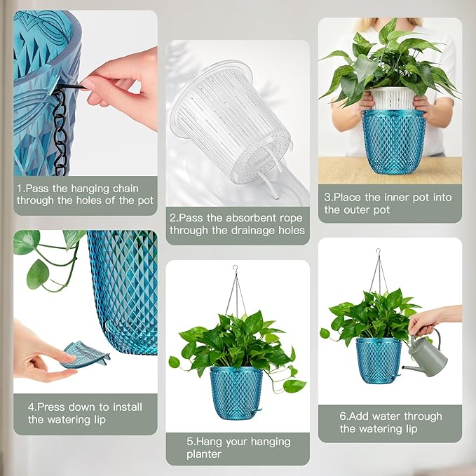 QCQHDU Self Watering Hanging Pots, 2 Pack 5.7 Inch Hanging Planters for Plants Indoor, Outdoor Flower Pots with Drainage Holes and 3 Hooks Chains for Garden Home (Klein Blue)