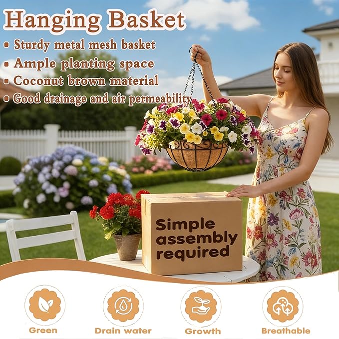 10 inch Metal Hanging Baskets For Plants Outdoor 4 Pack Round Metal Wire Hanging Basket Planter with Coco Fiber Liners Chain Round Wire Plant Holder for Garden, Patio, Deck, Porch Plants Flower Potsss