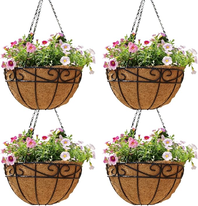 4 Pack 12 Inch Hanging Baskets for Plants Outdoor Metal Hanging Planter Hanging Flower Baskets with Coco Fiber Liners Chain Round Wire Plant Holder Flower Pots(Plaid)