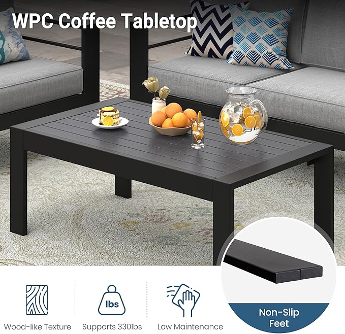 Solaste Aluminum Outdoor Patio Furniture Set, 4 Seats Patio Sectional Sofa with 5" Thick Cushion, Outdoor Patio Set with Coffee Table for Porch, Backyard, Deck, Yard, Light Grey