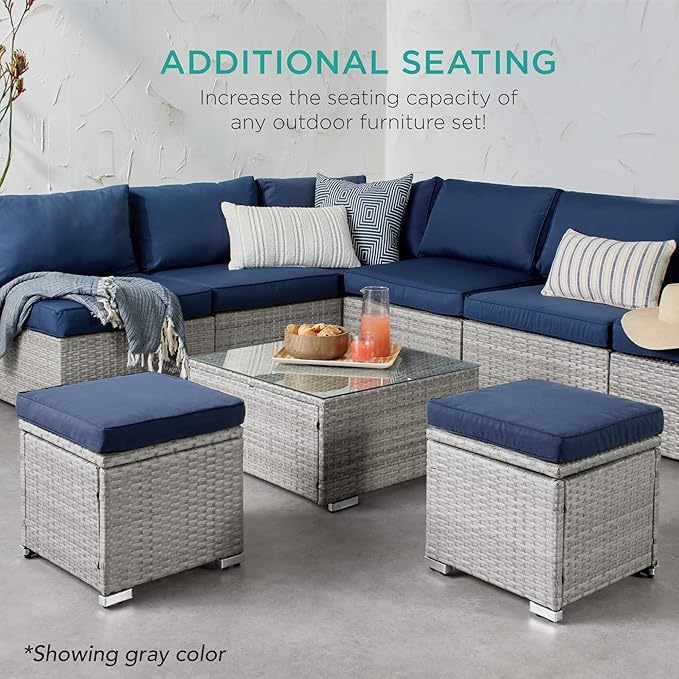 Best Choice Products Set of 2 Wicker Ottomans, Multipurpose Outdoor Furniture for Patio, Backyard, Additional Seating, Footrest, Side Table w/Storage, Removable Cushions - White Sand/Taupe