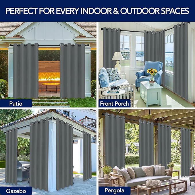 PureFit Outdoor Curtains for Patio Waterproof Weatherproof, UV Resistant Outside Curtains for Gazebo, Front Porch, Pergola, Light Filtering Privacy Curtain, 52W x 84L inch, 1 Panel, Gray