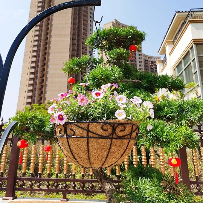 Outdoor Metal Hanging Planters Basket (4pack, 14 inch) Hanging Baskets for Plants Chain Round Wire Plant Holder with Coco Fiber Liners for Garden, Patio, Deck, Porch(Flower Border)