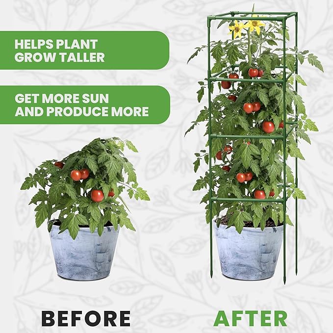Tomato Cage Square - Large Trellis Stakes and Plant Support Structures for Vegetables and Climbing Plants - Tall Tomato Cages for Garden, Pots, Raised Garden Bed Outdoor Supplies (3 Pack - Up to 58")