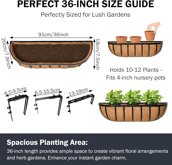 36“ Window Box Railing Planter with Coco Liner Metal Wall-Mounted Coconut Liner Planter Basket English Horse Trough Planters for Outdoor Deck Balcony Porch Fence Patio Black (2 Pack)