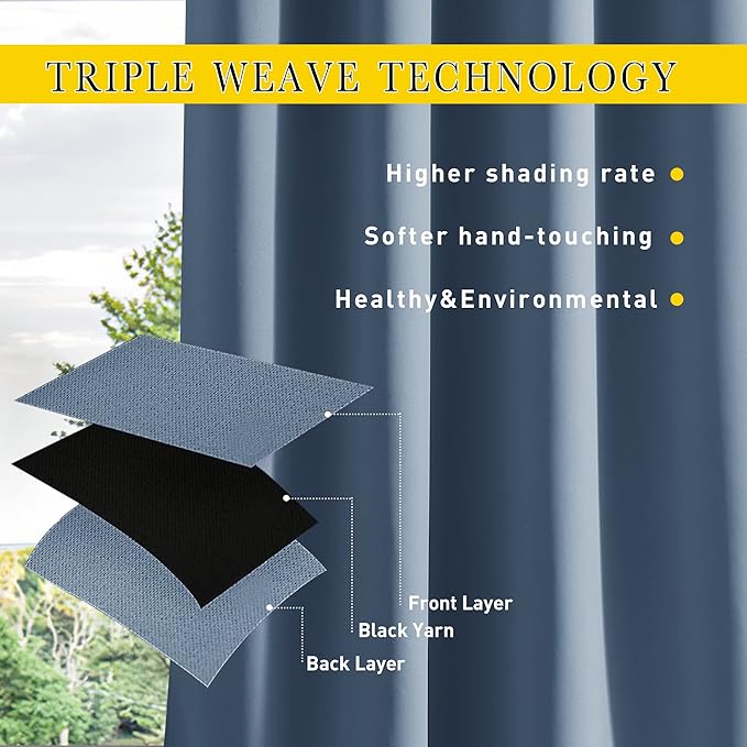 NICETOWN 2 Panels Outdoor Curtains for Patio Waterproof & Windproof, Extra Wide Grommet & Back Tab on Top & Bottom Thermal Insulated Sun Blocking Drapes with Rope for Deck, Stone Blue, W100 x L95