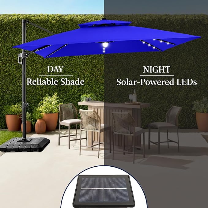Best Choice Products 12x12ft LED Cantilever Patio Umbrella w/Base Included & 360° Rotation, Large Solar Offset Hanging Outdoor Sun Shade for Deck, Backyard Table w/Stand & Lights – Resort Blue