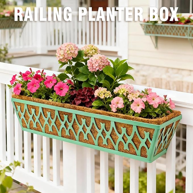 2 Pack 30 Inch Window Boxes Planters Railing Planter Box with Adjustable Brackets for Porch Fence Patio Balcony Hanging Flower Baskets with Coco Liners for Outdoor Garden Decor - Green