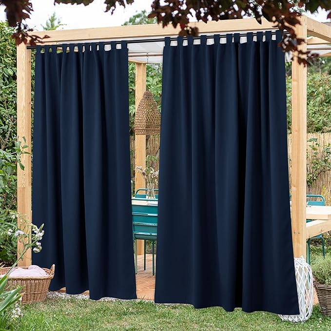 NICETOWN 2 Panels Patio Door Navy Blue Curtainss Waterproof 95" Length, 84" Wide, Thermal Insulated Self-Sticky Detachable Top Blackout Sunlight Reducing Outdoor Indoor Window Drapes for Porch