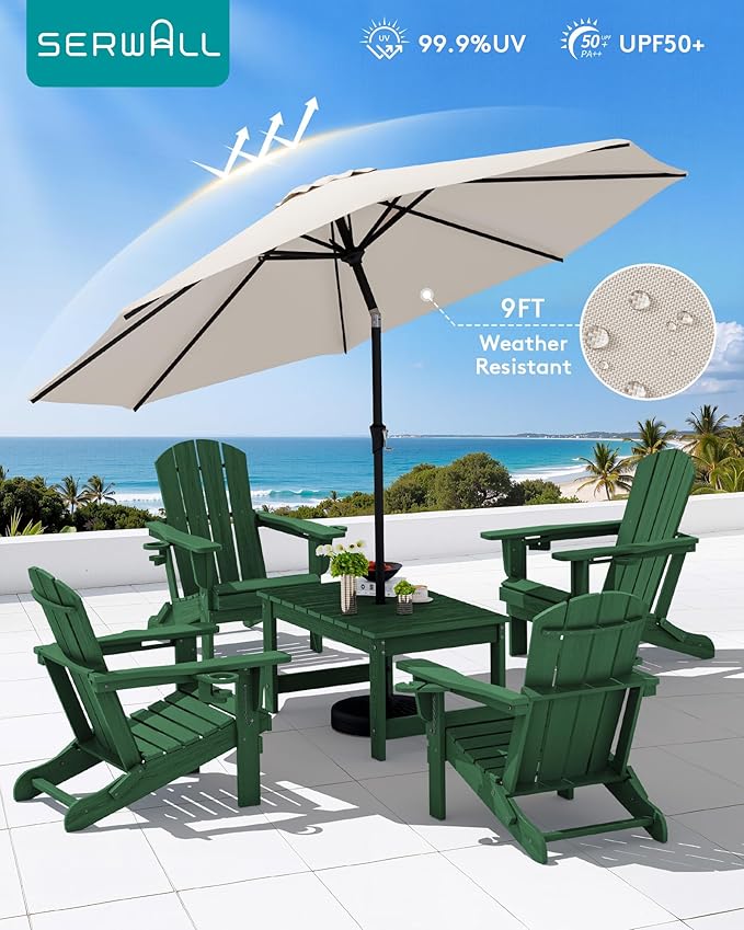 SERWALL Outdoor Coffee Table with 9FT Umbrella, HDPE Patio Coffee Table for Outside, Rectangle, Green(Not Include Umbrella Base)