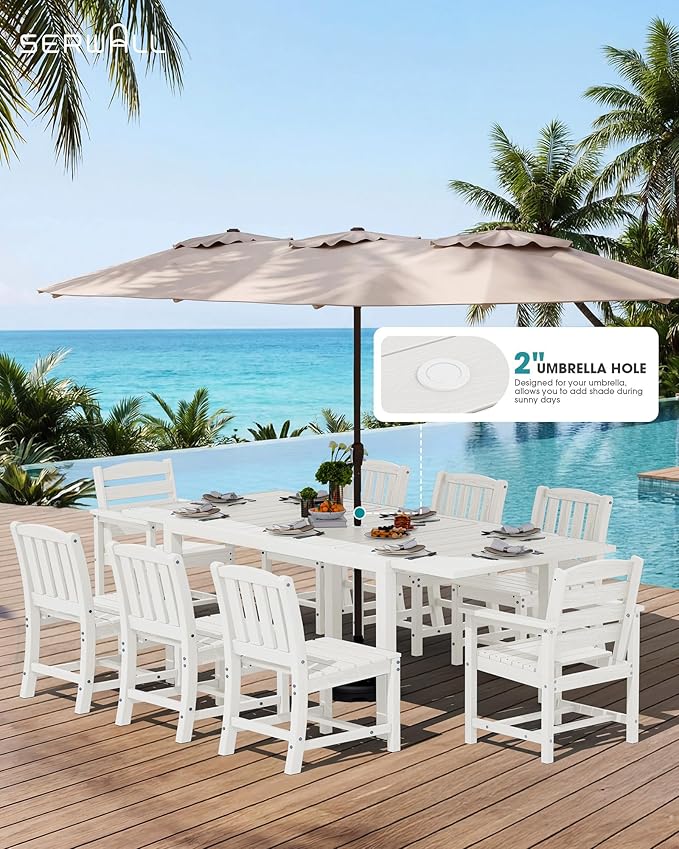 SERWALL 7-Piece Outdoor Dining Set, 60" - 83" Expandable Outdoor Dining Table and 6 HDPE Chairs, All Weather HDPE Outdoor Furniture Set for Backyard, Garden, White