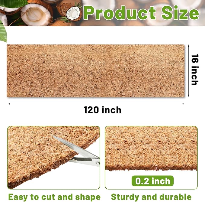 Remiawy Coco Liner Roll, 16 x 120 Inch Coconut Fiber Liners for Planters, Natural Coco Coir Mats Sheet for Flower Basket, Garden Decoration, Reptile Carpet, Animal Pet Pad, Window Box, DIY Moss Pole