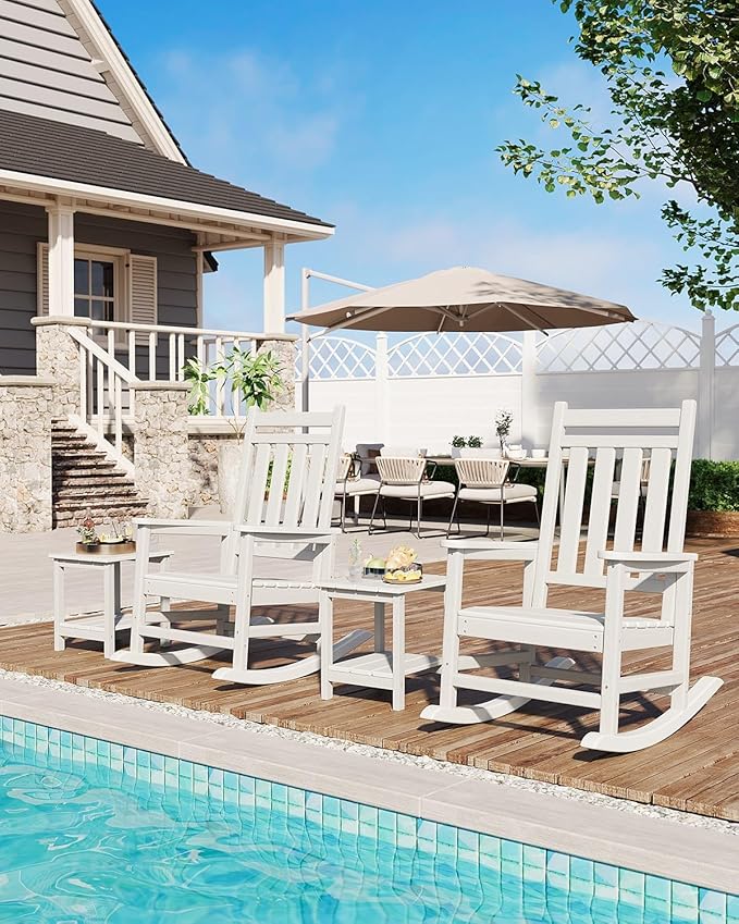 HDPE Rocking Chair Outdoor- Poly High Back Porch Rocker Chairs for Adults - All Weather Resistant Furniture for Patio Front Porch - White