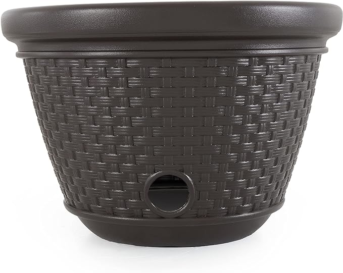 Suncast 4 Pack Wicker Hose Pot, Decorative Resin Garden Hose Storage, 100ft 5/8in Standard Vinyl Hose Capacity with 4 Drain Holes, 18in x 12in, Java