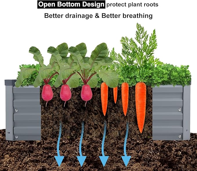 2 Pack 12x2x1FT Galvanized Raised Garden Bed Kit, Outdoor Metal Planter Box for Vegetables, Bottomless Rectangular Gardening Bed with Support Rods, Tool-Free Assembly, Gray
