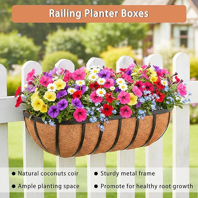 24'' Window Box Railing Planter with Coco Liner,2 Pack Horse Trough Planters Black Metal Hanging Flower Planters Basket for Porch Fence Patio Indoor Outdoor Lawn