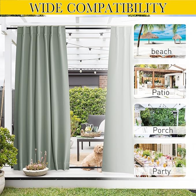 NICETOWN 2 Panels Weighted Outdoor Curtains for Patio Waterproof Pocket & Back Tab Top & Bottom, Windproof Privacy Thermal Curtains Light/Cold Block for Pergola with Rope, W52 x L84, Sage Green